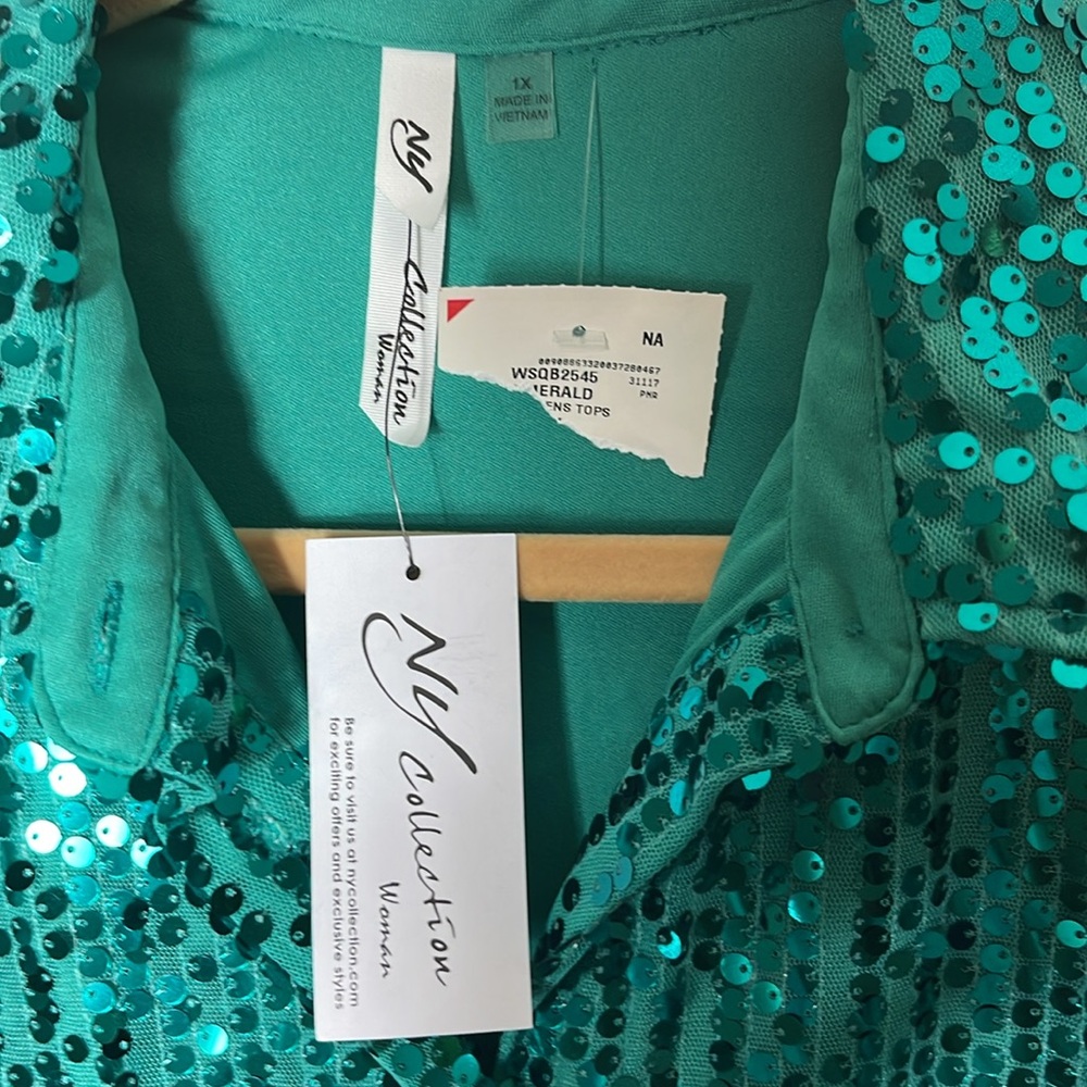 NY Collection Shimmery green sequins Button Up Shirt Size 1X - Picture 2 of 7
